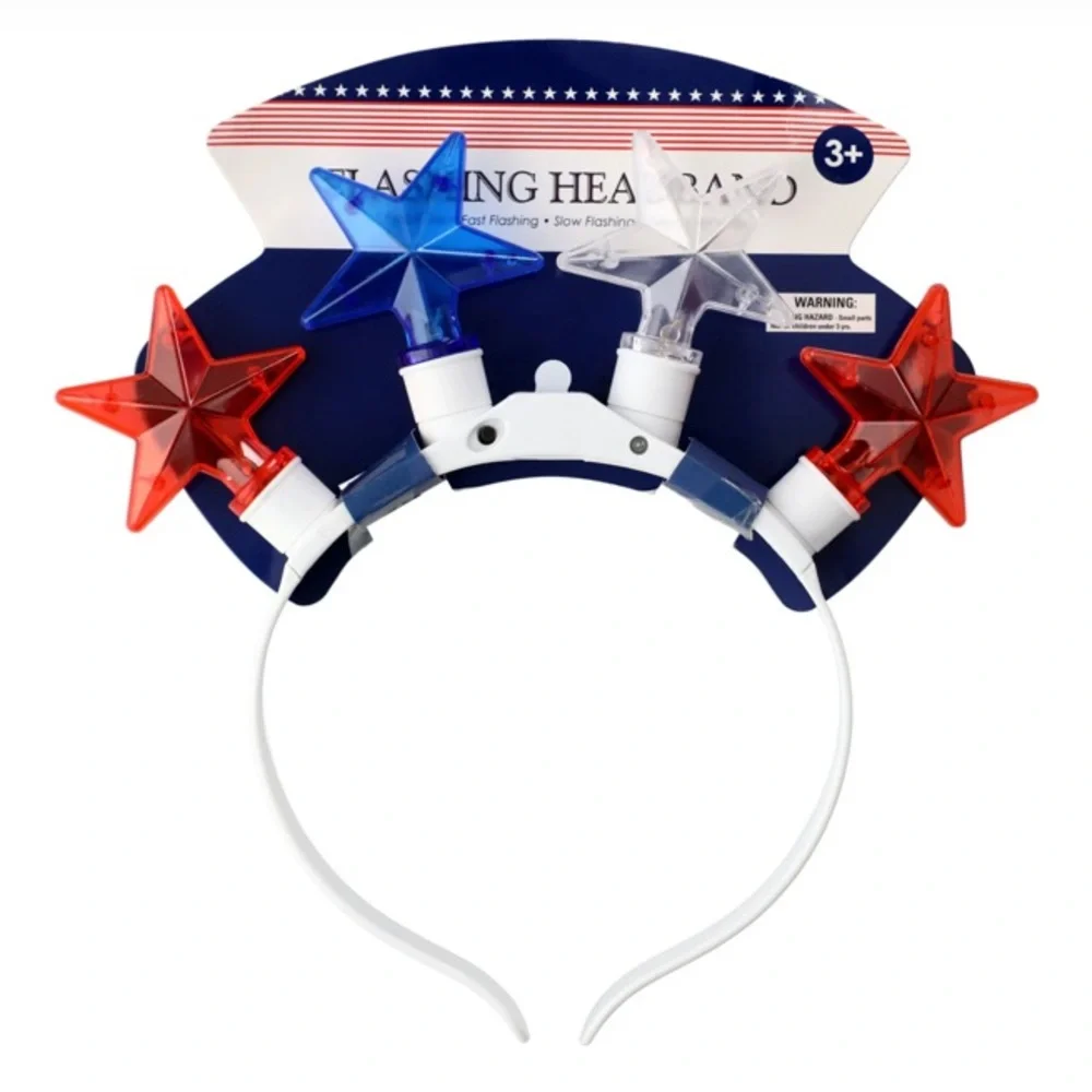 Brand NWT Three Speed Red White & Blue Patriotic Flashing Star Light Head Band